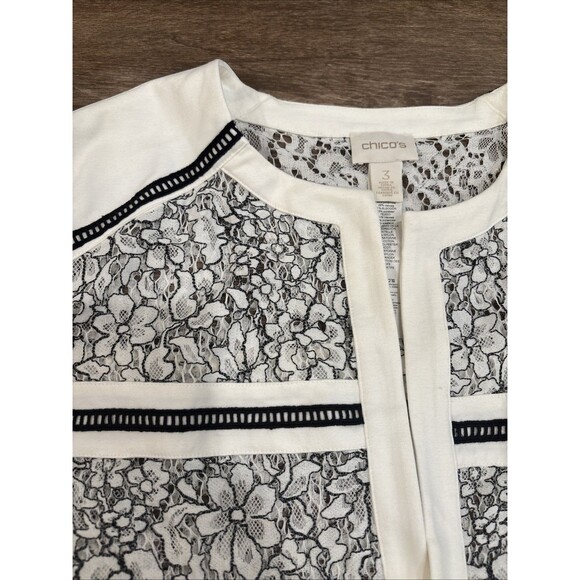 Chicos Size 3 Black & White Lace Blazer Open Front Sheer - Picture 2 of 8